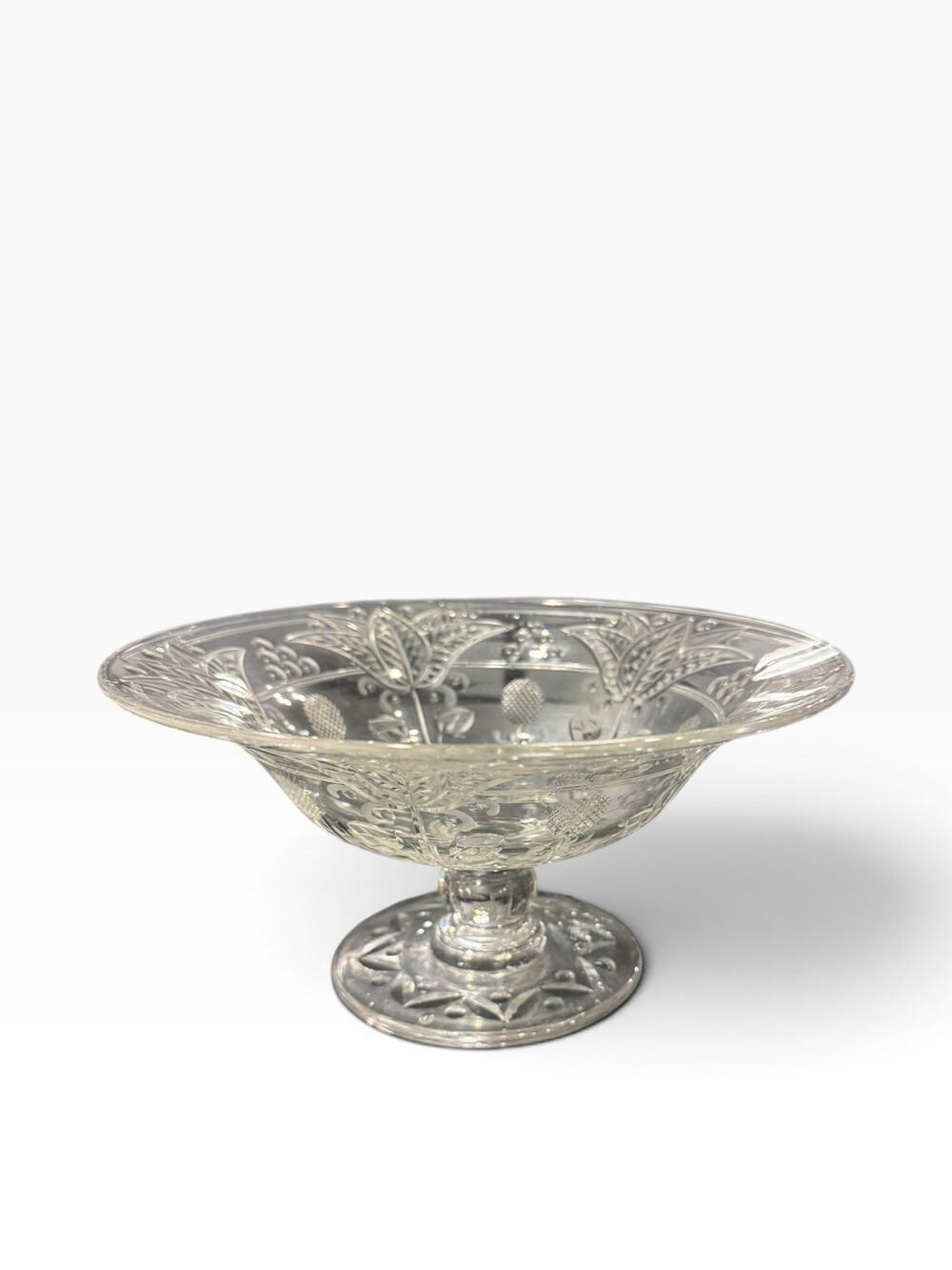 Vintage Pressed Glass Footed Compote / Pedestal Bowl – Pineapple & Leaf Motif